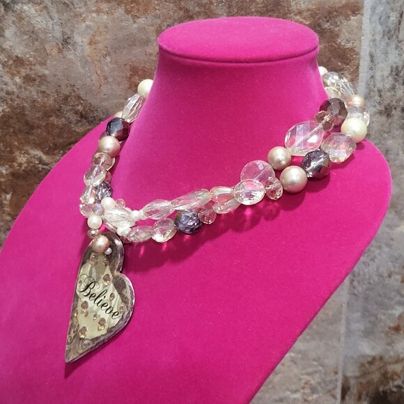 Believe Heart Pendant Two Layered Bead Necklace - Picture 4 of 12